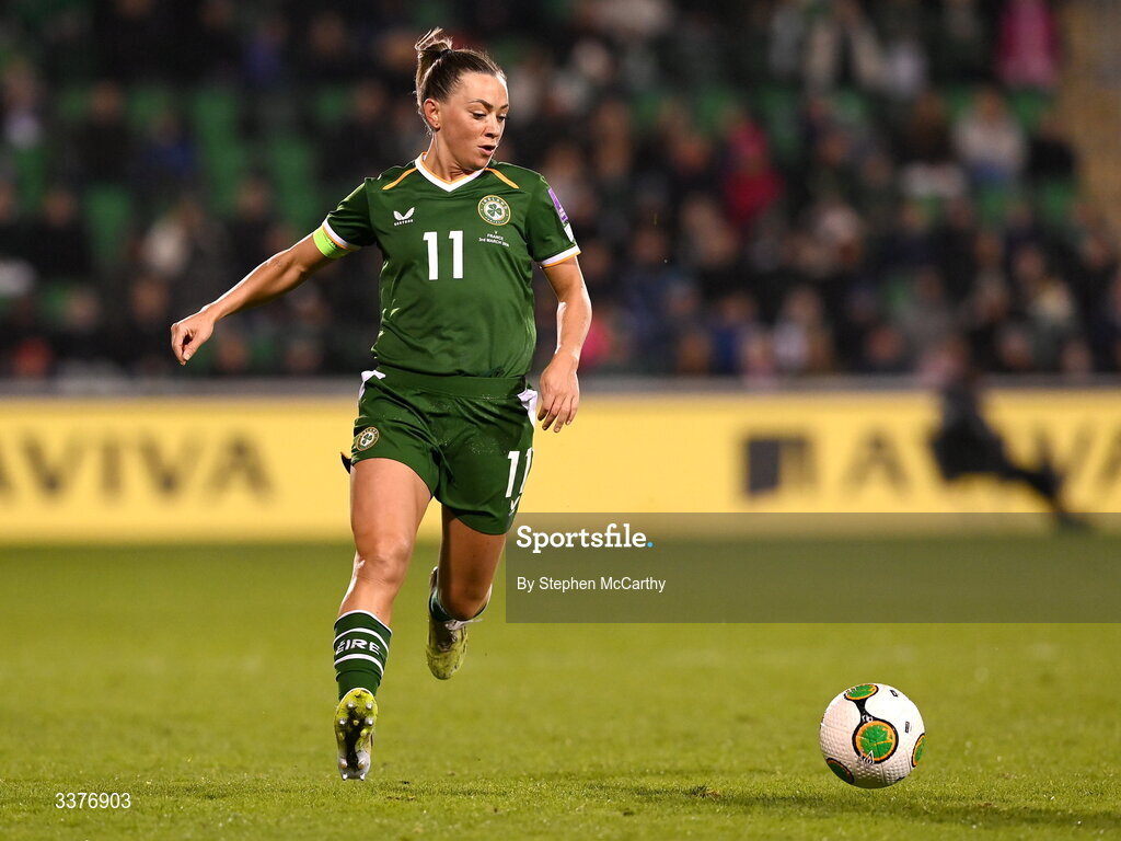 3 March 2026; Katie McCabe of Republic of Ireland during the 2027 FIFA Women’s World Cup Qualifier match between Republic of Ireland and France at Tallaght Stadium in Dublin. Photo by Stephen McCarthy/Sportsfile