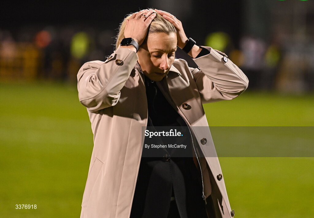3 March 2026; Republic of Ireland head coach Carla Ward reacts after her side's defeat in the 2027 FIFA Women’s World Cup Qualifier match between Republic of Ireland and France at Tallaght Stadium in Dublin. Photo by Stephen McCarthy/Sportsfile