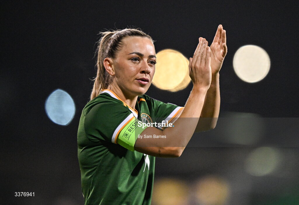 3 March 2026; Katie McCabe of Republic of Ireland applauds supporters after her side's defeat in the 2027 FIFA Women’s World Cup Qualifier match between Republic of Ireland and France at Tallaght Stadium in Dublin. Photo by Sam Barnes/Sportsfile