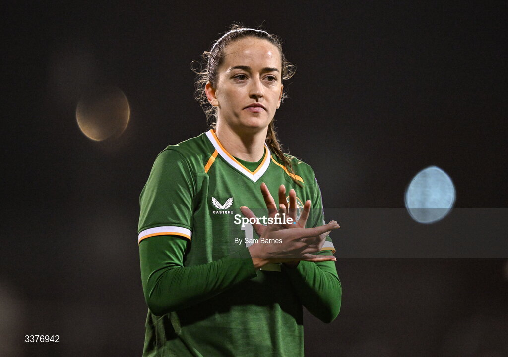 3 March 2026; Anna Patten of Republic of Ireland applauds supporters after her side's defeat in the 2027 FIFA Women’s World Cup Qualifier match between Republic of Ireland and France at Tallaght Stadium in Dublin. Photo by Sam Barnes/Sportsfile