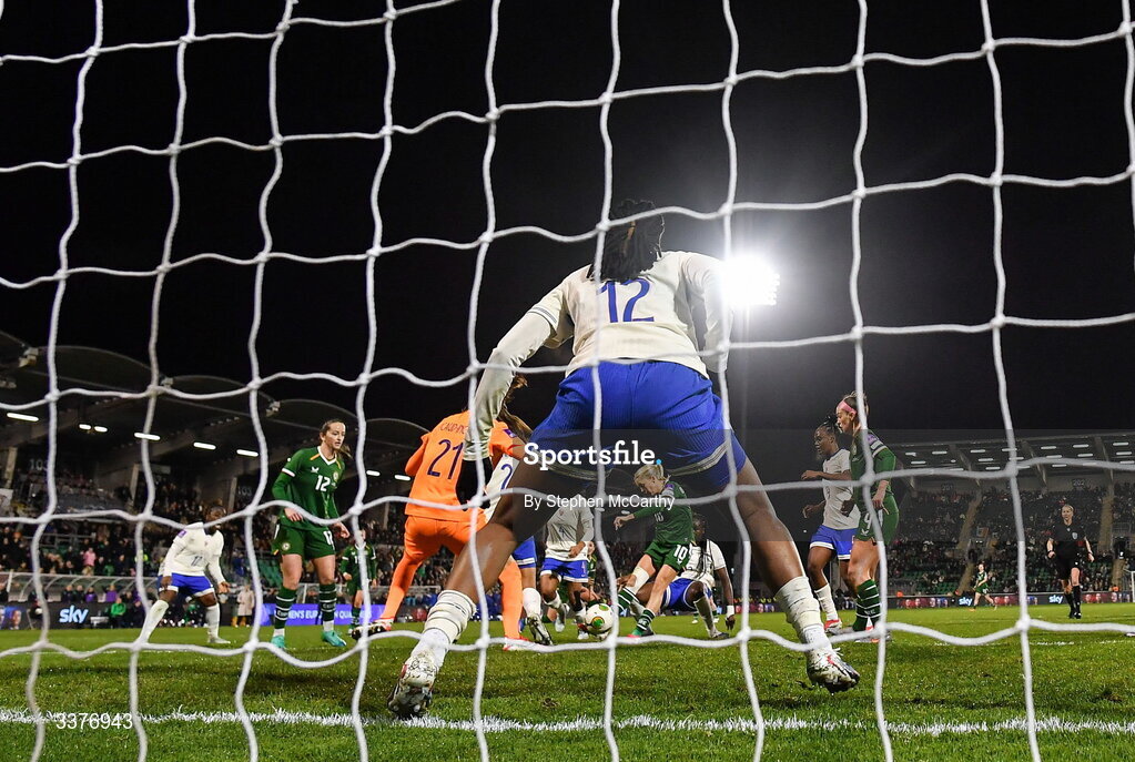 3 March 2026; Denise O’Sullivan of Republic of Ireland has a shot on goal cleared off the line by Marie-Antoinette Katoto of France during the 2027 FIFA Women’s World Cup Qualifier match between Republic of Ireland and France at Tallaght Stadium in Dublin. Photo by Stephen McCarthy/Sportsfile