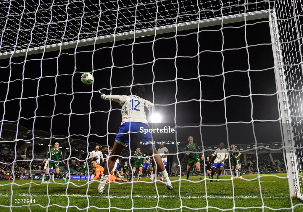 3 March 2026; Denise O’Sullivan of Republic of Ireland has a shot on goal cleared off the line by Marie-Antoinette Katoto of France during the 2027 FIFA Women’s World Cup Qualifier match between Republic of Ireland and France at Tallaght Stadium in Dublin. Photo by Stephen McCarthy/Sportsfile