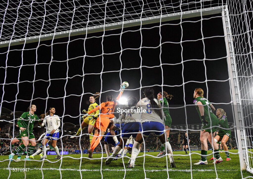 3 March 2026; France goalkeeper Constance Picaud clears a cross despite the attention of Republic of Ireland goalkeeper Courtney Brosnan during the 2027 FIFA Women’s World Cup Qualifier match between Republic of Ireland and France at Tallaght Stadium in Dublin. Photo by Stephen McCarthy/Sportsfile
