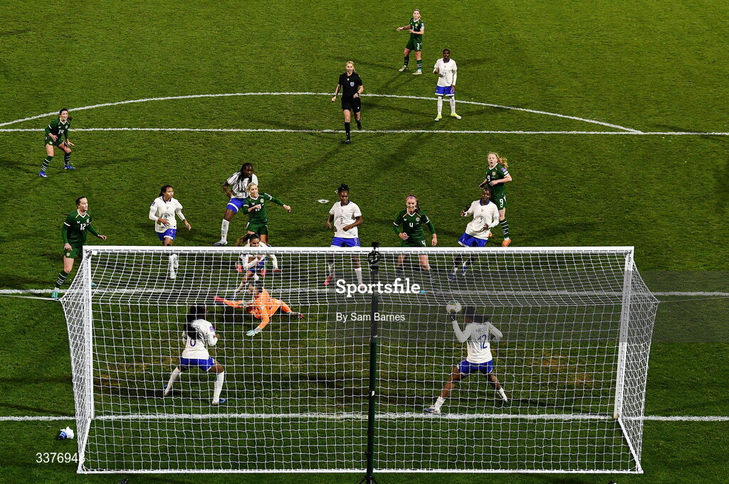 3 March 2026; Denise O’Sullivan of Republic of Ireland has a shot on goal cleared off the line by Marie-Antoinette Katoto of France during the 2027 FIFA Women’s World Cup Qualifier match between Republic of Ireland and France at Tallaght Stadium in Dublin. Photo by Sam Barnes/Sportsfile