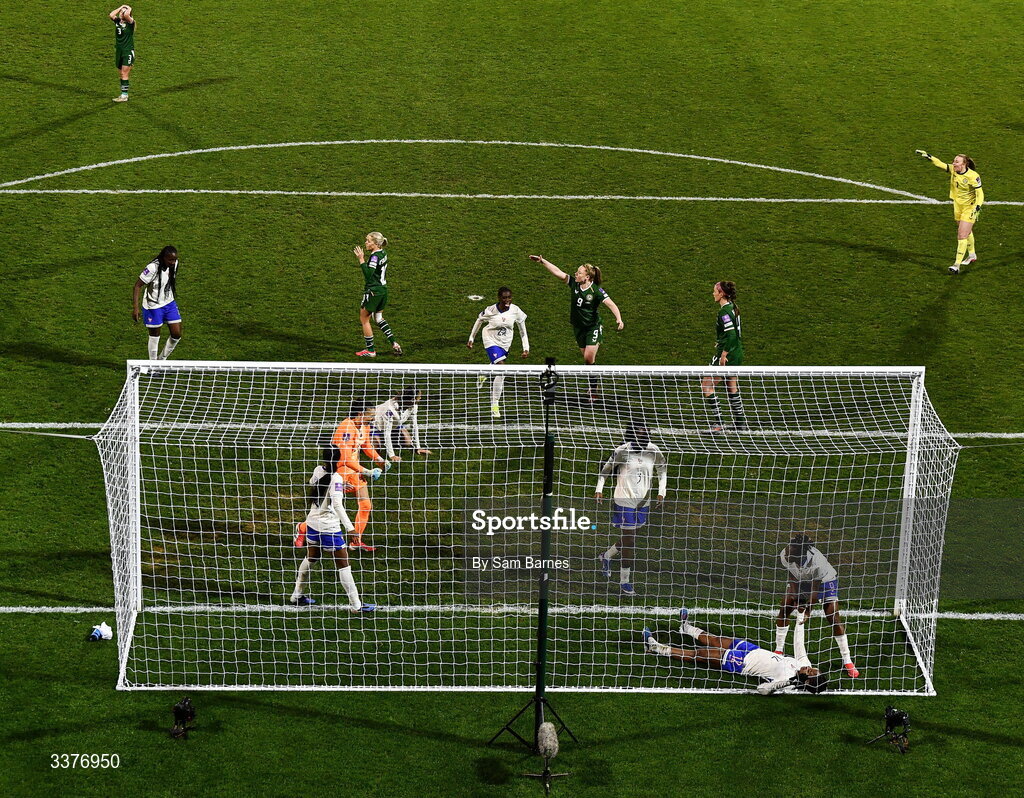 3 March 2026; Republic of Ireland and France players react after Denise O’Sullivan of Republic of Ireland has a shot on goal cleared off the line by Marie-Antoinette Katoto of France during the 2027 FIFA Women’s World Cup Qualifier match between Republic of Ireland and France at Tallaght Stadium in Dublin. Photo by Sam Barnes/Sportsfile