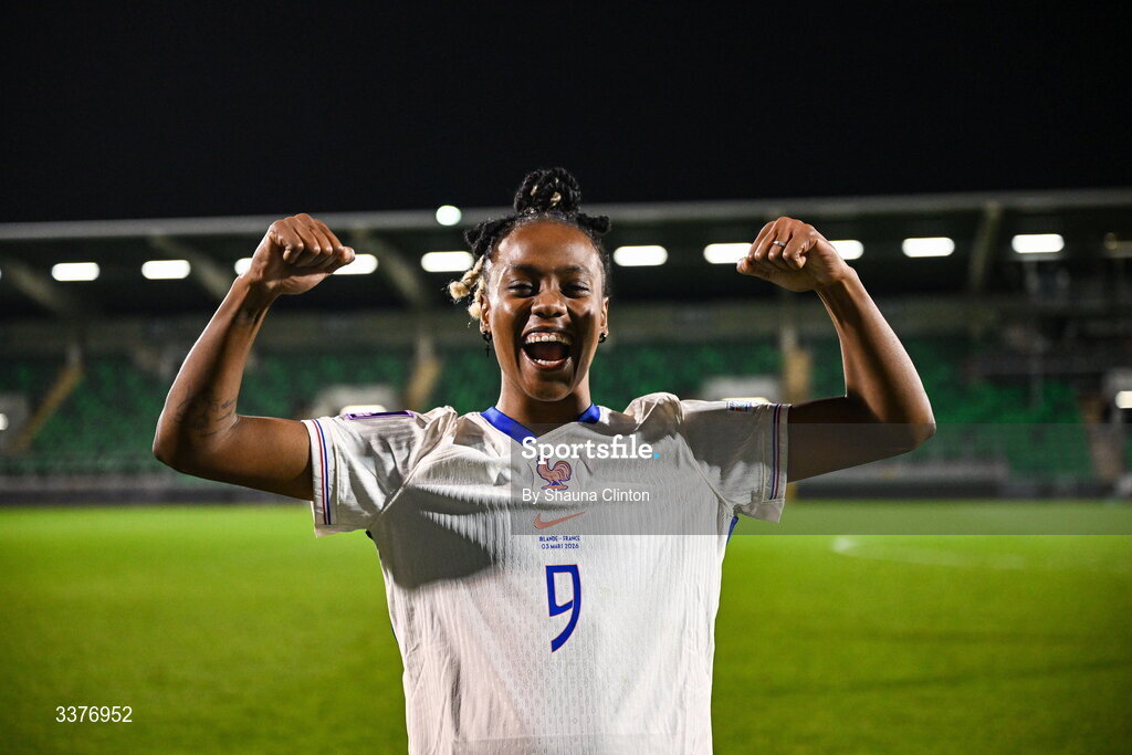 3 March 2026; Melvine Malard of France celebrates after her side's victory in the 2027 FIFA Women’s World Cup Qualifier match between Republic of Ireland and France at Tallaght Stadium in Dublin. Photo by Shauna Clinton/Sportsfile