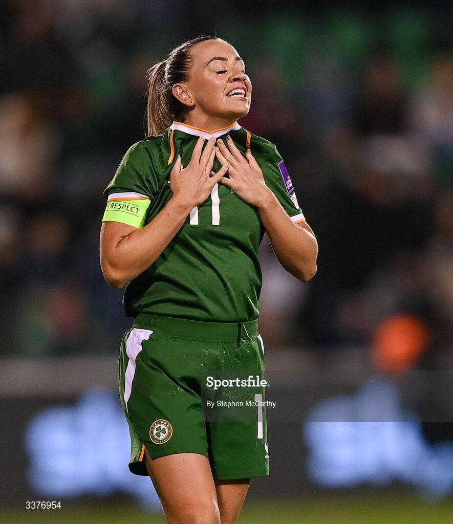 3 March 2026; Katie McCabe of Republic of Ireland reacts after her side's defeat in the 2027 FIFA Women’s World Cup Qualifier match between Republic of Ireland and France at Tallaght Stadium in Dublin. Photo by Stephen McCarthy/Sportsfile