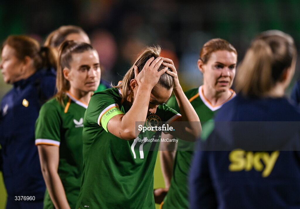3 March 2026; Katie McCabe of Republic of Ireland reacts after her side's defeat in the 2027 FIFA Women’s World Cup Qualifier match between Republic of Ireland and France at Tallaght Stadium in Dublin. Photo by Stephen McCarthy/Sportsfile