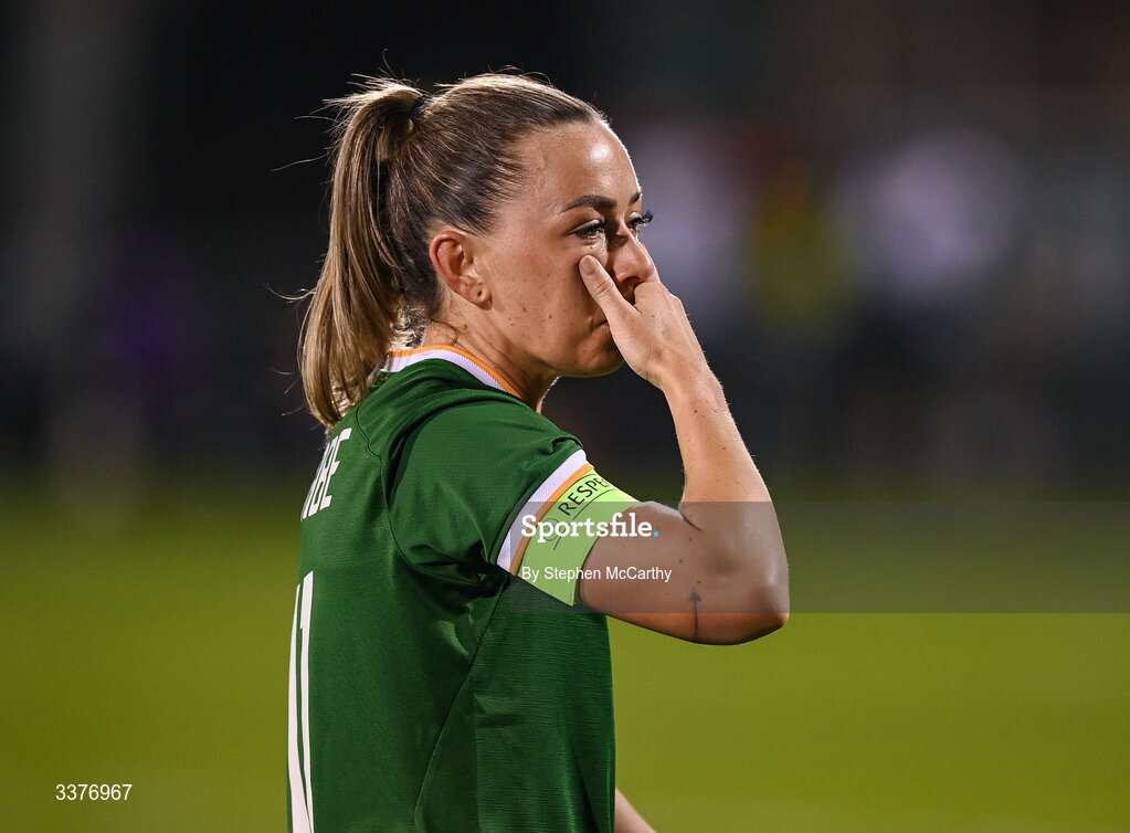 3 March 2026; Katie McCabe of Republic of Ireland after her side's defeat in the 2027 FIFA Women’s World Cup Qualifier match between Republic of Ireland and France at Tallaght Stadium in Dublin. Photo by Stephen McCarthy/Sportsfile