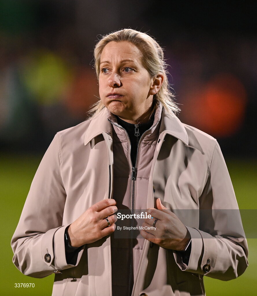 3 March 2026; Republic of Ireland head coach Carla Ward reacts after her side's defeat in the 2027 FIFA Women’s World Cup Qualifier match between Republic of Ireland and France at Tallaght Stadium in Dublin. Photo by Stephen McCarthy/Sportsfile