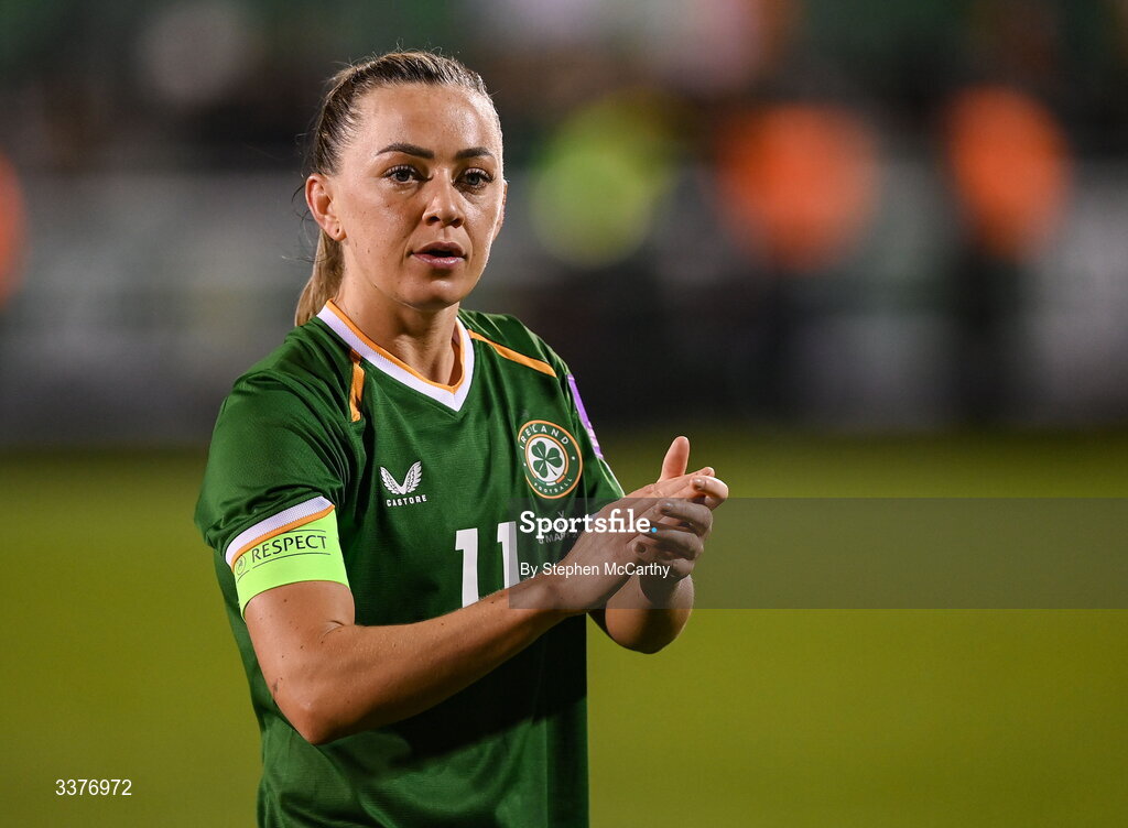 3 March 2026; Katie McCabe of Republic of Ireland applauds supporters after her side's defeat in the 2027 FIFA Women’s World Cup Qualifier match between Republic of Ireland and France at Tallaght Stadium in Dublin. Photo by Stephen McCarthy/Sportsfile