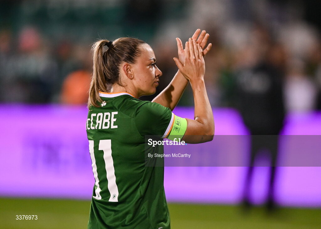 3 March 2026; Katie McCabe of Republic of Ireland applauds supporters after her side's defeat in the 2027 FIFA Women’s World Cup Qualifier match between Republic of Ireland and France at Tallaght Stadium in Dublin. Photo by Stephen McCarthy/Sportsfile