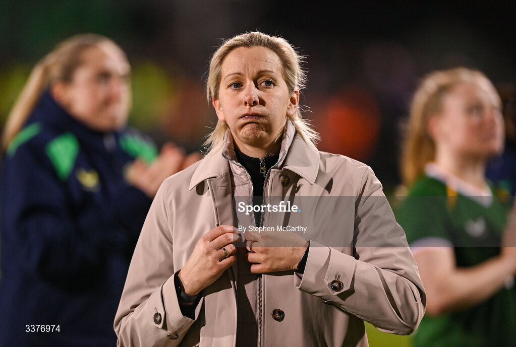 3 March 2026; Republic of Ireland head coach Carla Ward reacts after her side's defeat in the 2027 FIFA Women’s World Cup Qualifier match between Republic of Ireland and France at Tallaght Stadium in Dublin. Photo by Stephen McCarthy/Sportsfile