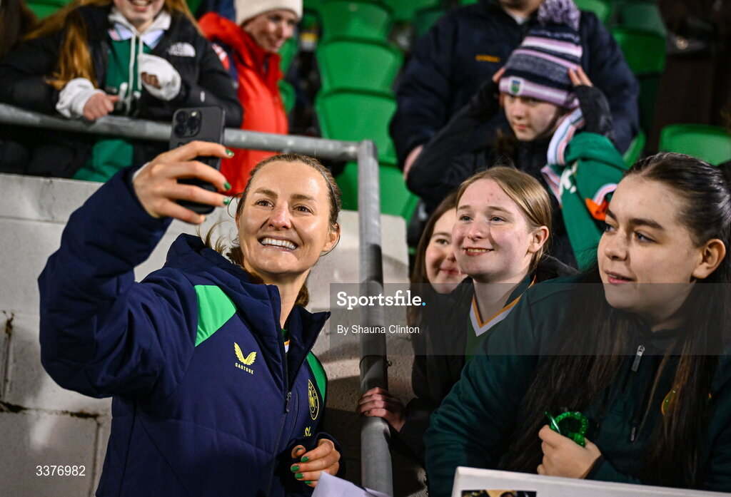 3 March 2026; Kyra Carusa of Republic of Ireland with supporters after the 2027 FIFA Women’s World Cup Qualifier match between Republic of Ireland and France at Tallaght Stadium in Dublin. Photo by Shauna Clinton/Sportsfile