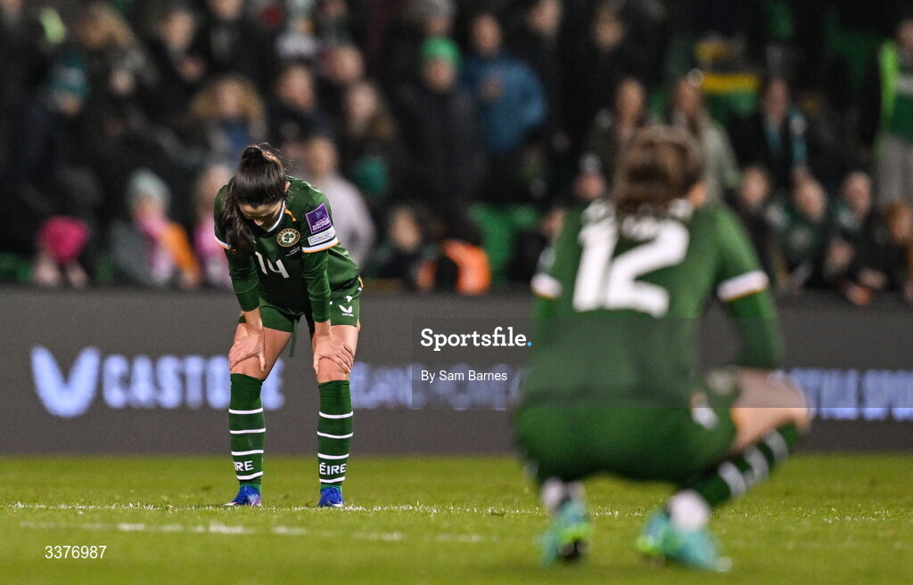 3 March 2026; Marissa Sheva, left, and Anna Patten of Republic of Ireland react after their side's defeat in the 2027 FIFA Women’s World Cup Qualifier match between Republic of Ireland and France at Tallaght Stadium in Dublin. Photo by Sam Barnes/Sportsfile