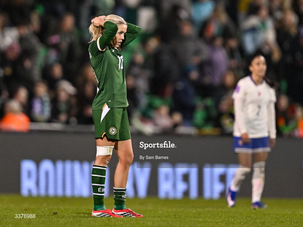 3 March 2026; Denise O’Sullivan of Republic of Ireland reacts after her side's defeat in the 2027 FIFA Women’s World Cup Qualifier match between Republic of Ireland and France at Tallaght Stadium in Dublin. Photo by Sam Barnes/Sportsfile