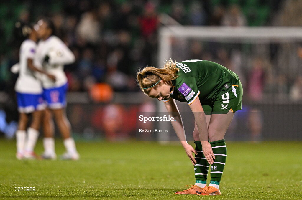 3 March 2026; Amber Barrett of Republic of Ireland reacts after her side's defeat in the 2027 FIFA Women’s World Cup Qualifier match between Republic of Ireland and France at Tallaght Stadium in Dublin. Photo by Sam Barnes/Sportsfile