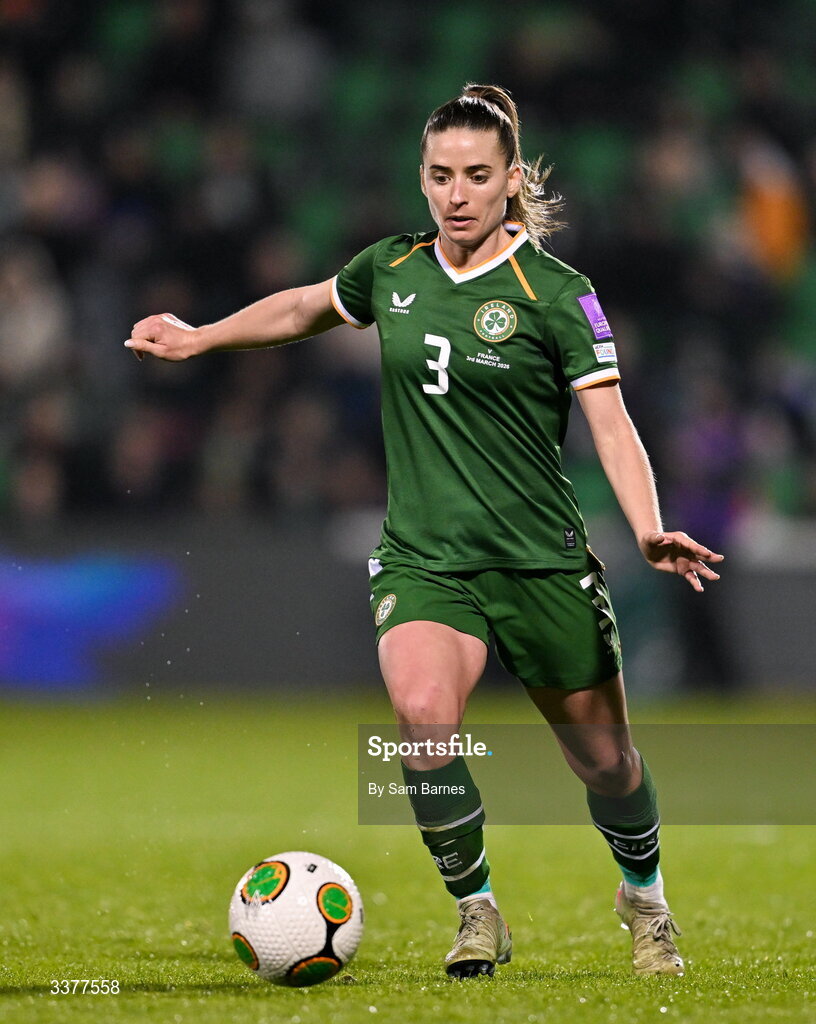 3 March 2026; Chloe Mustaki of Republic of Ireland during the 2027 FIFA Women’s World Cup Qualifier match between Republic of Ireland and France at Tallaght Stadium in Dublin. Photo by Sam Barnes/Sportsfile