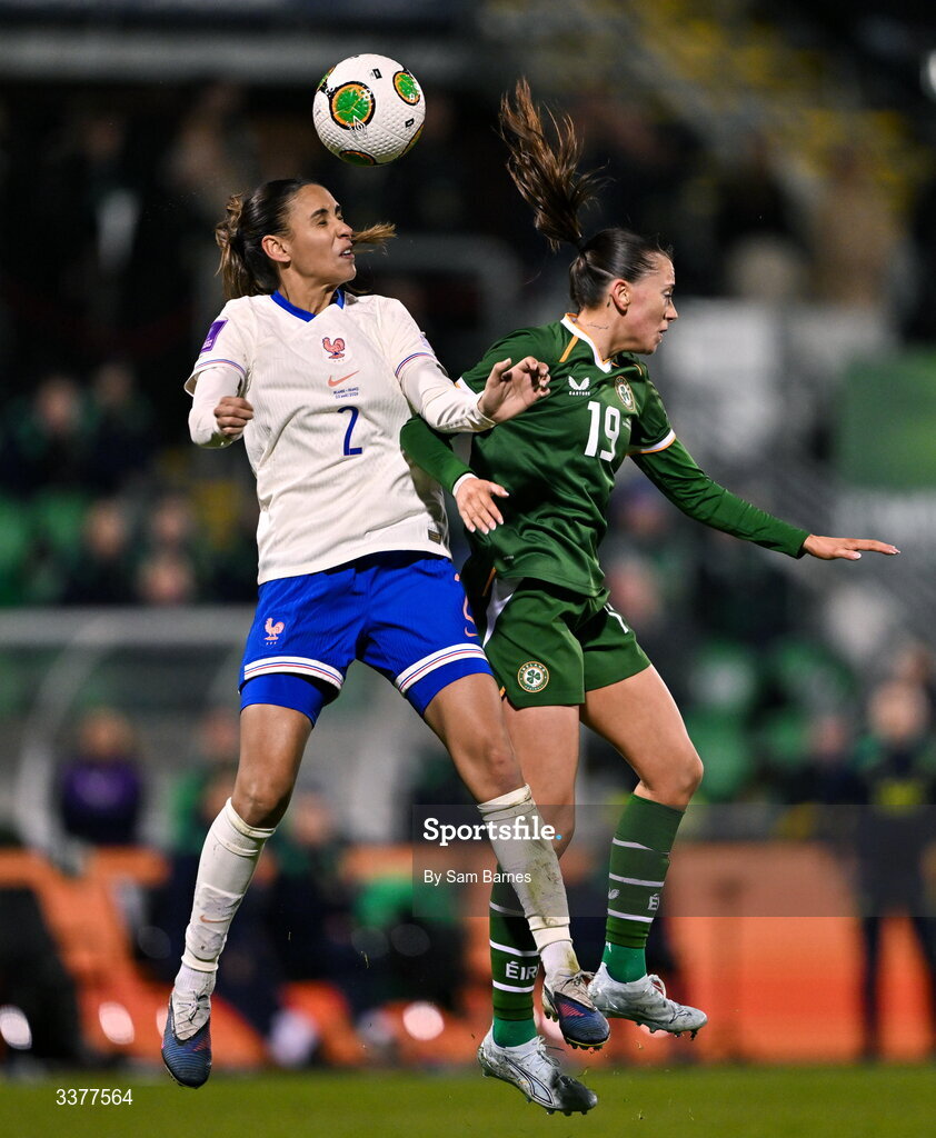 3 March 2026; Maëlle Lakrar of France in action against Abbie Larkin of Republic of Ireland during the 2027 FIFA Women’s World Cup Qualifier match between Republic of Ireland and France at Tallaght Stadium in Dublin. Photo by Sam Barnes/Sportsfile