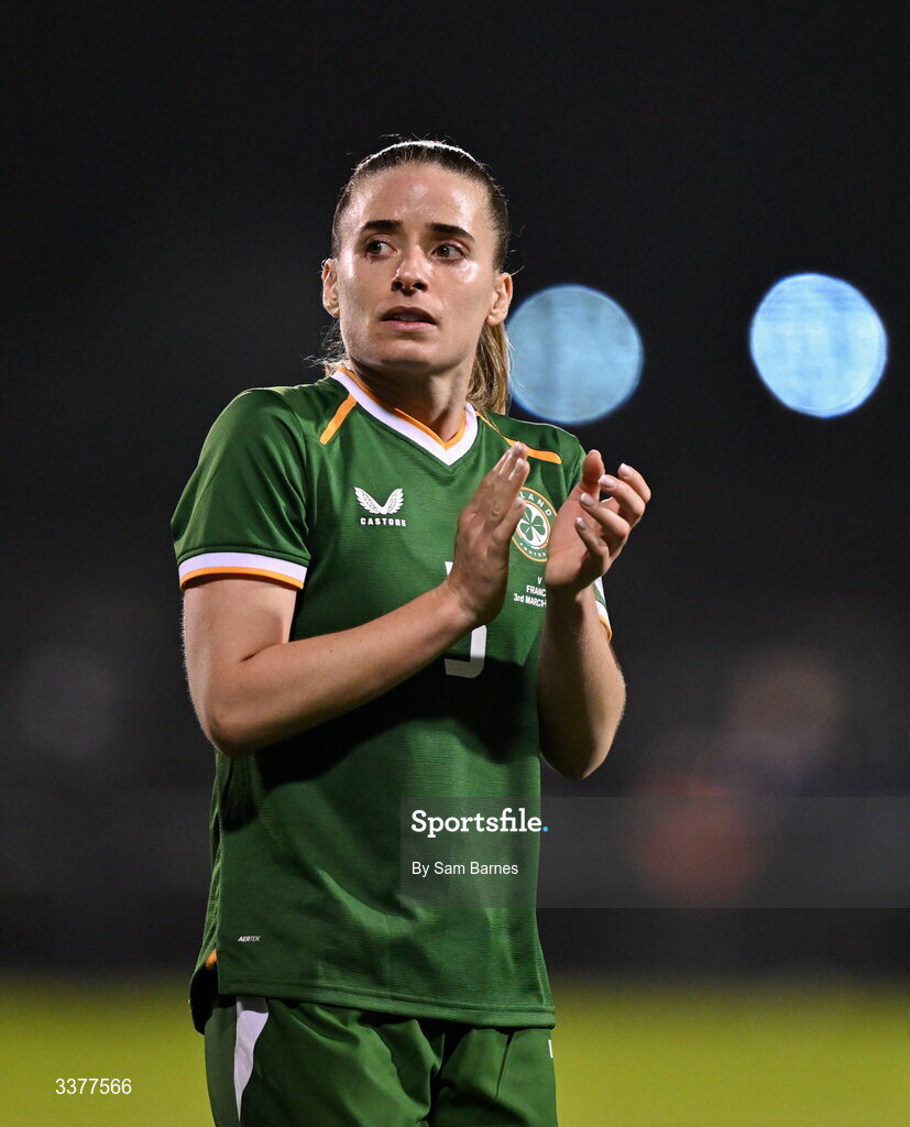 3 March 2026; Chloe Mustaki of Republic of Ireland after the 2027 FIFA Women’s World Cup Qualifier match between Republic of Ireland and France at Tallaght Stadium in Dublin. Photo by Sam Barnes/Sportsfile