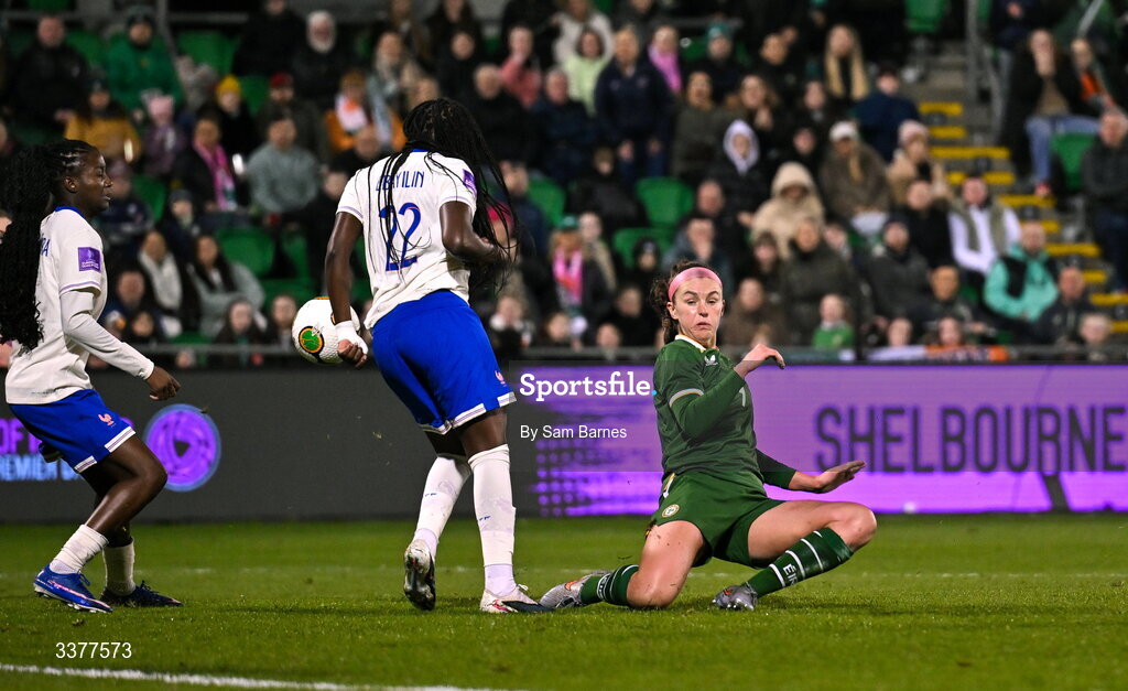 3 March 2026; Caitlin Hayes of Republic of Ireland has a shot on goal which is blocked by Anaïs Ebayilin of France during the 2027 FIFA Women’s World Cup Qualifier match between Republic of Ireland and France at Tallaght Stadium in Dublin. Photo by Sam Barnes/Sportsfile