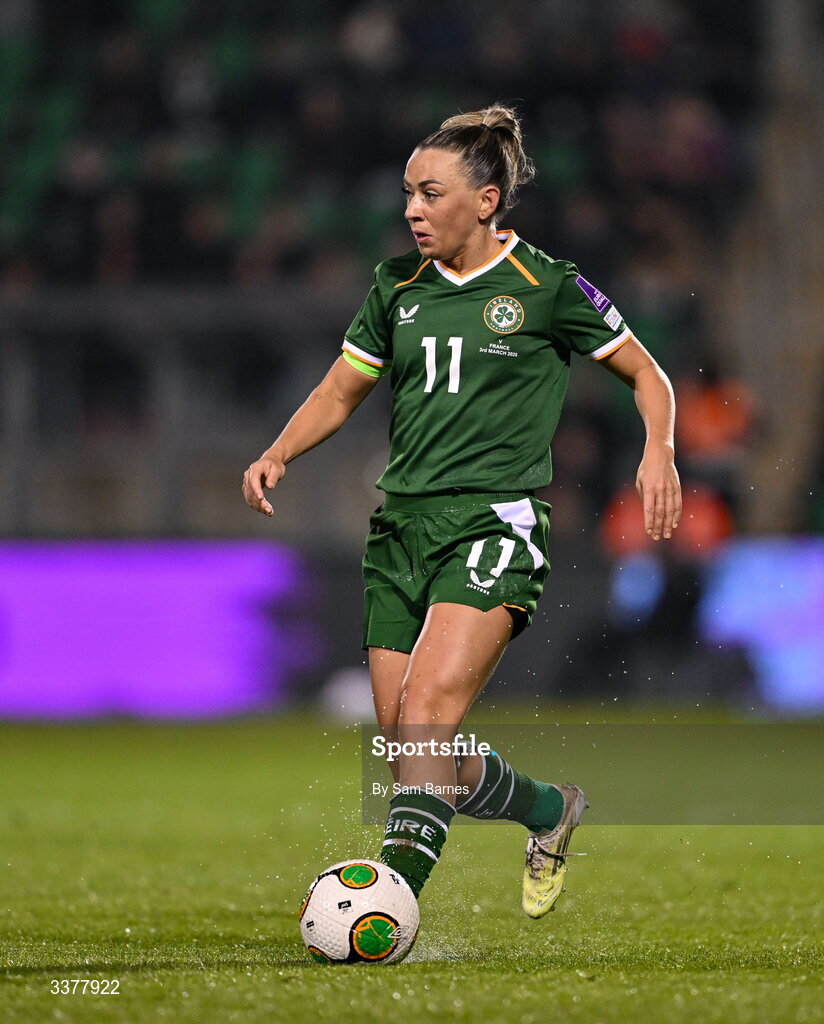 3 March 2026; Katie McCabe of Republic of Ireland during the 2027 FIFA Women’s World Cup Qualifier match between Republic of Ireland and France at Tallaght Stadium in Dublin. Photo by Sam Barnes/Sportsfile