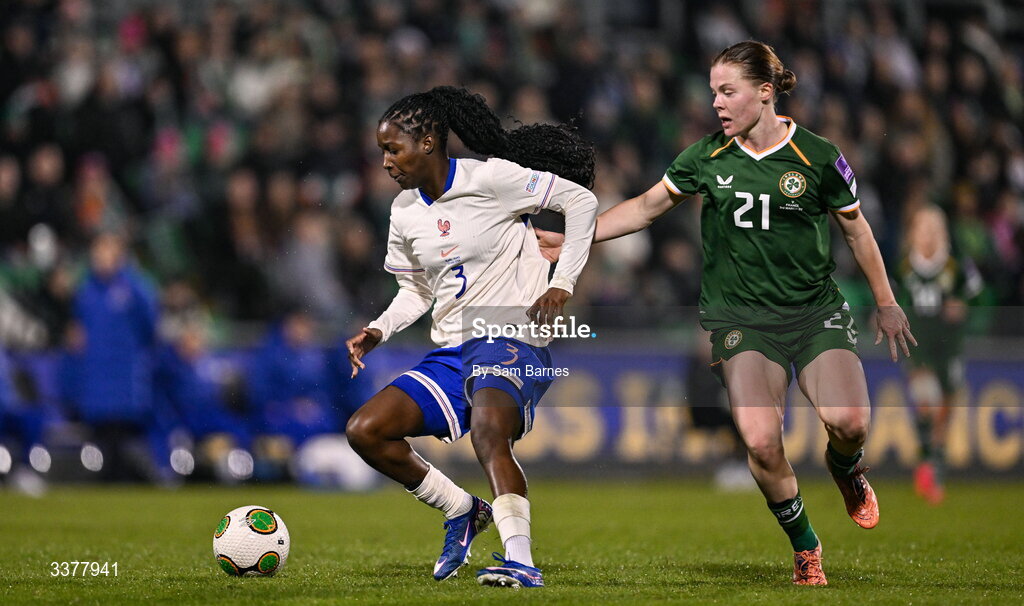 3 March 2026; Maëlle Lakrar of France in action against Emily Murphy of Republic of Ireland during the 2027 FIFA Women’s World Cup Qualifier match between Republic of Ireland and France at Tallaght Stadium in Dublin. Photo by Sam Barnes/Sportsfile