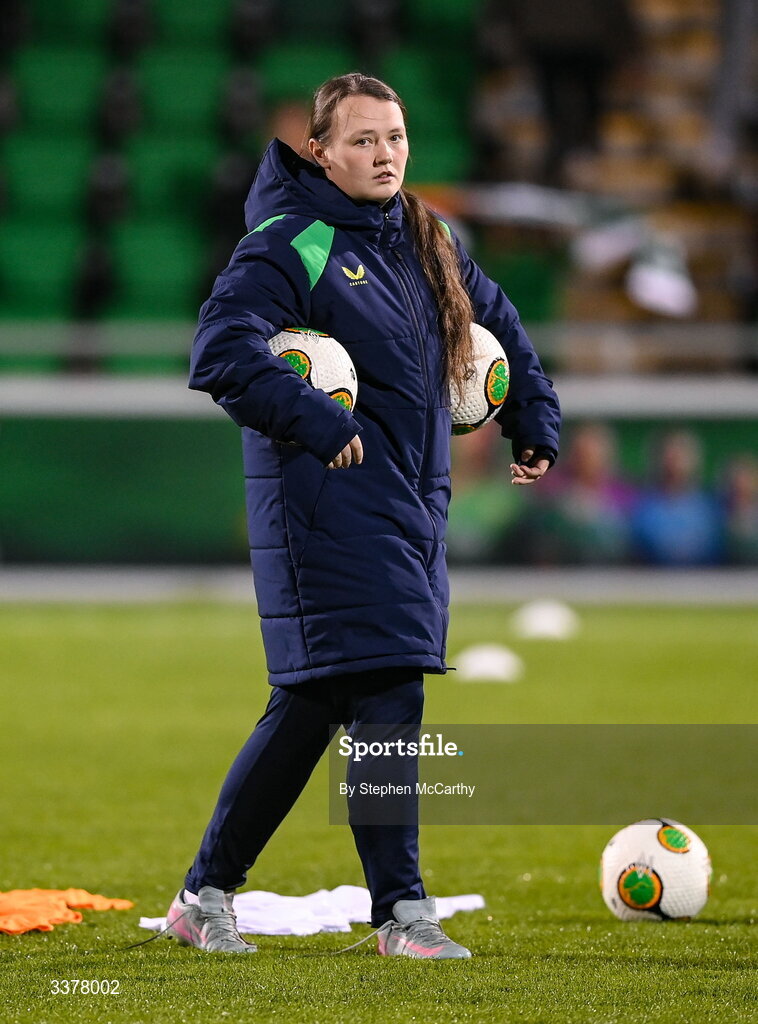 3 March 2026; Republic of Ireland equipment officer Rachel O'Hanlon before the 2027 FIFA Women’s World Cup Qualifier match between Republic of Ireland and France at Tallaght Stadium in Dublin. Photo by Stephen McCarthy/Sportsfile