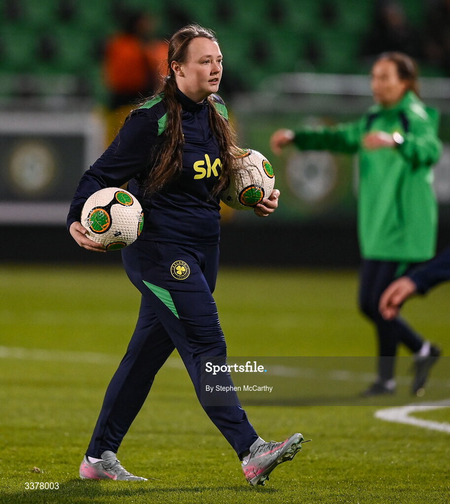 3 March 2026; Republic of Ireland equipment officer Rachel O'Hanlon before the 2027 FIFA Women’s World Cup Qualifier match between Republic of Ireland and France at Tallaght Stadium in Dublin. Photo by Stephen McCarthy/Sportsfile
