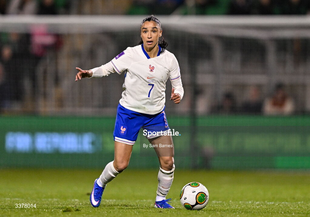 3 March 2026; Sakina Karchaoui of France during the 2027 FIFA Women’s World Cup Qualifier match between Republic of Ireland and France at Tallaght Stadium in Dublin. Photo by Sam Barnes/Sportsfile