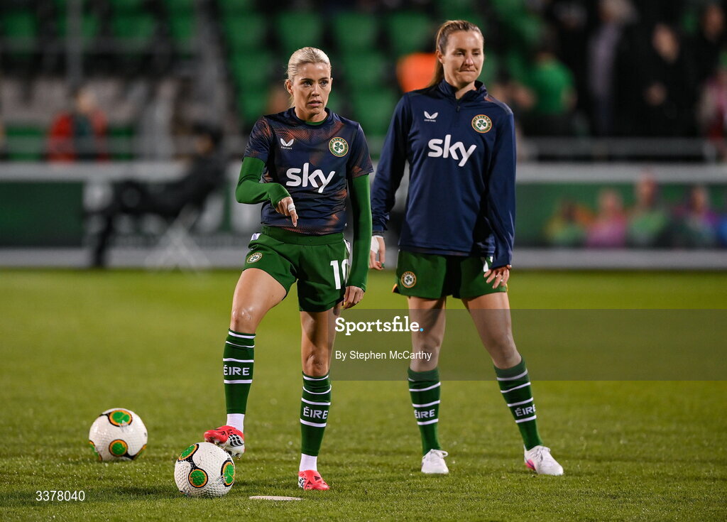3 March 2026; Denise O’Sullivan and Kyra Carusa, right, of Republic of Ireland warm up before the 2027 FIFA Women’s World Cup Qualifier match between Republic of Ireland and France at Tallaght Stadium in Dublin. Photo by Stephen McCarthy/Sportsfile