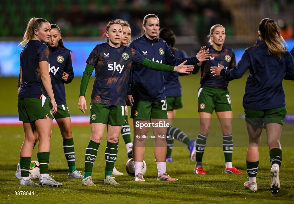 3 March 2026; Republic of Ireland players, from left, Jessie Stapleton, Lucy Quinn, Saoirse Noonan and Denise O’Sullivan before the 2027 FIFA Women’s World Cup Qualifier match between Republic of Ireland and France at Tallaght Stadium in Dublin. Photo by Stephen McCarthy/Sportsfile