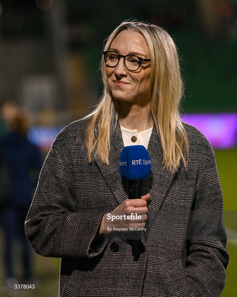 3 March 2026; Former Republic of Ireland international Louise Quinn, working for RTÉ Sport, before the 2027 FIFA Women’s World Cup Qualifier match between Republic of Ireland and France at Tallaght Stadium in Dublin. Photo by Stephen McCarthy/Sportsfile