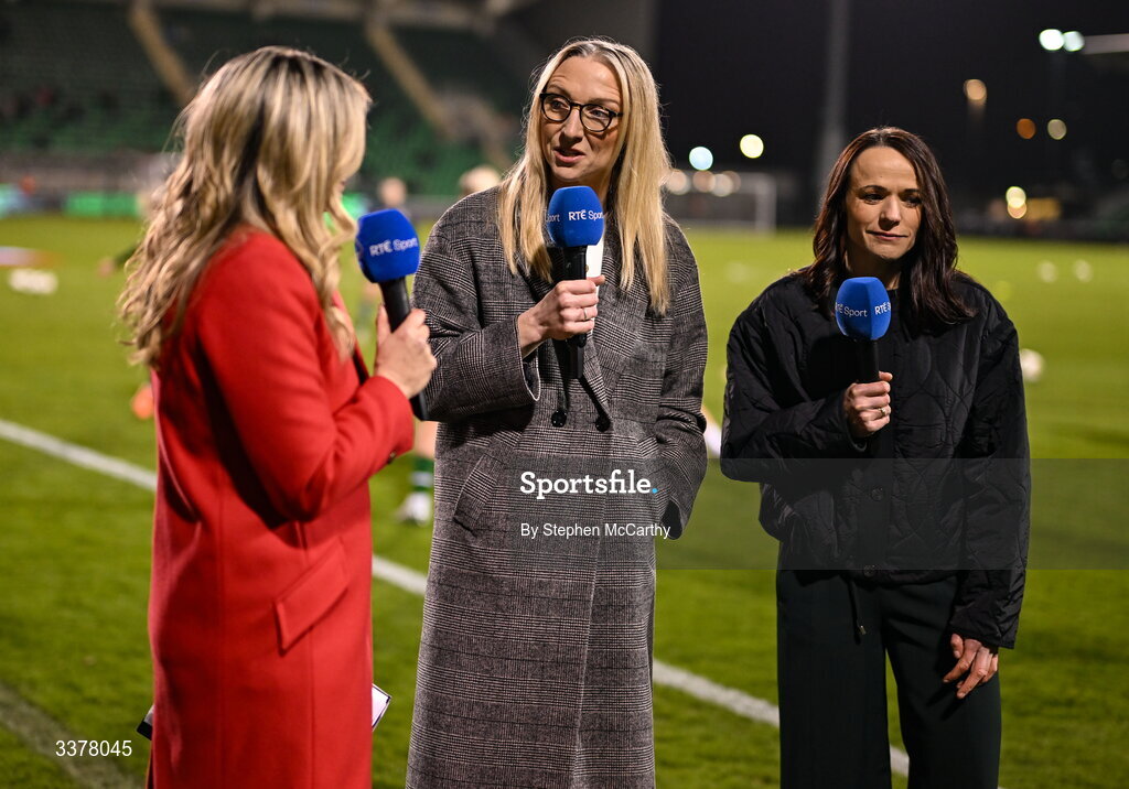 3 March 2026; Former Republic of Ireland internationals Louise Quinn and Áine O'Gorman, right, working for RTÉ Sport, before the 2027 FIFA Women’s World Cup Qualifier match between Republic of Ireland and France at Tallaght Stadium in Dublin. Photo by Stephen McCarthy/Sportsfile