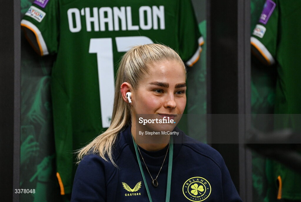 3 March 2026; Tara O'Hanlon of Republic of Ireland in their dressing room before the 2027 FIFA Women’s World Cup Qualifier match between Republic of Ireland and France at Tallaght Stadium in Dublin. Photo by Stephen McCarthy/Sportsfile