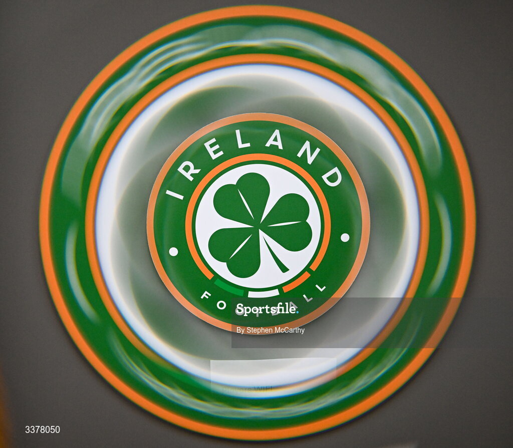 3 March 2026; (EDITOR'S NOTE; This image was created using a special effects camera filter) A general view of the Republic of Ireland and Ireland Football crest in their dressing room before the 2027 FIFA Women’s World Cup Qualifier match between Republic of Ireland and France at Tallaght Stadium in Dublin. Photo by Stephen McCarthy/Sportsfile