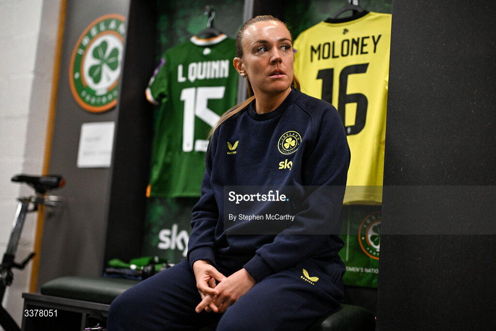 3 March 2026; Republic of Ireland goalkeeper Grace Moloney in their dressing room before the 2027 FIFA Women’s World Cup Qualifier match between Republic of Ireland and France at Tallaght Stadium in Dublin. Photo by Stephen McCarthy/Sportsfile