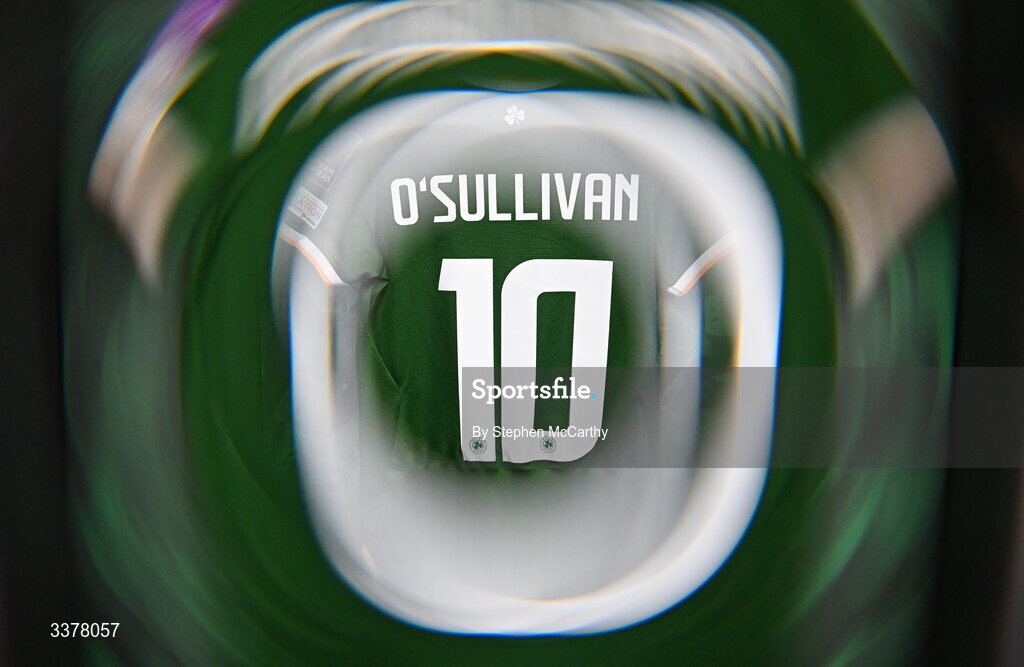 3 March 2026; (EDITOR'S NOTE; This image was created using a special effects camera filter) The jersey of Denise O’Sullivan hangs in the Republic of Ireland dressing room before the 2027 FIFA Women’s World Cup Qualifier match between Republic of Ireland and France at Tallaght Stadium in Dublin. Photo by Stephen McCarthy/Sportsfile