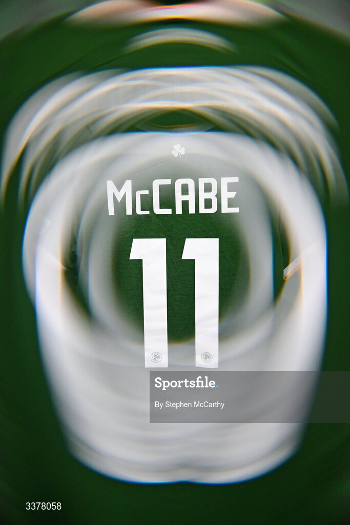 3 March 2026; (EDITOR'S NOTE; This image was created using a special effects camera filter) The jersey of Katie McCabe hangs in the Republic of Ireland dressing room before the 2027 FIFA Women’s World Cup Qualifier match between Republic of Ireland and France at Tallaght Stadium in Dublin. Photo by Stephen McCarthy/Sportsfile