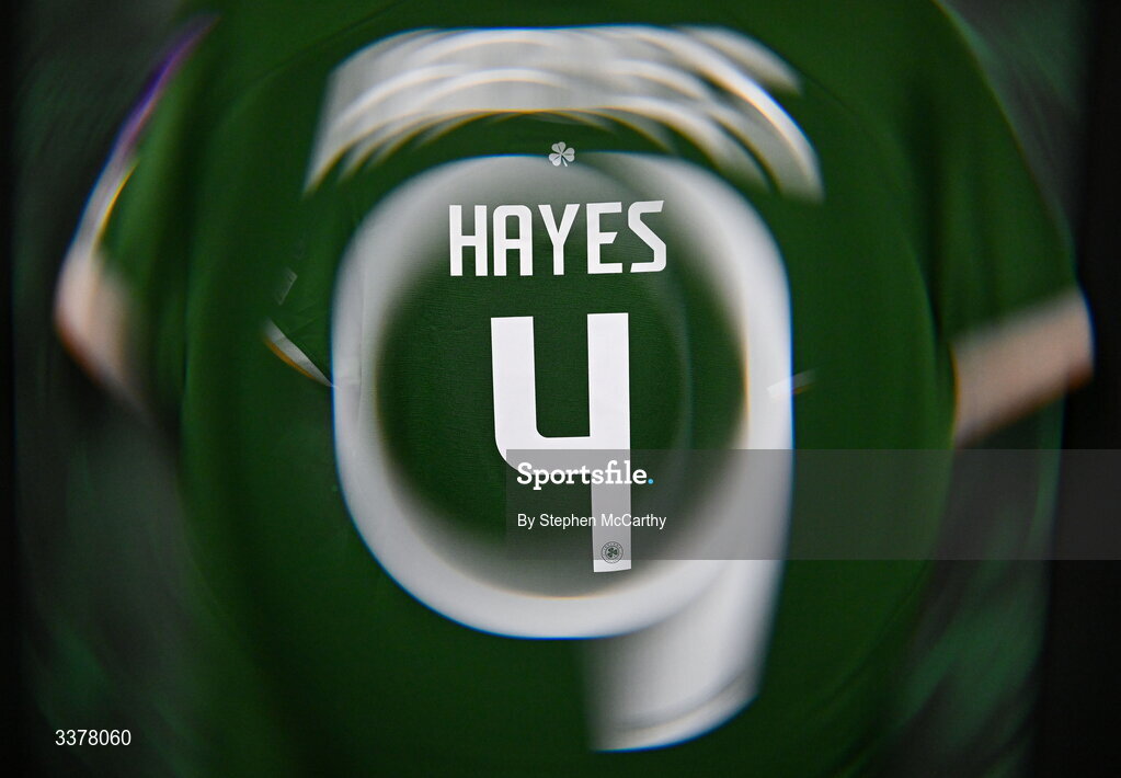 3 March 2026; (EDITOR'S NOTE; This image was created using a special effects camera filter) The jersey of Caitlin Hayes hangs in the Republic of Ireland dressing room before the 2027 FIFA Women’s World Cup Qualifier match between Republic of Ireland and France at Tallaght Stadium in Dublin. Photo by Stephen McCarthy/Sportsfile