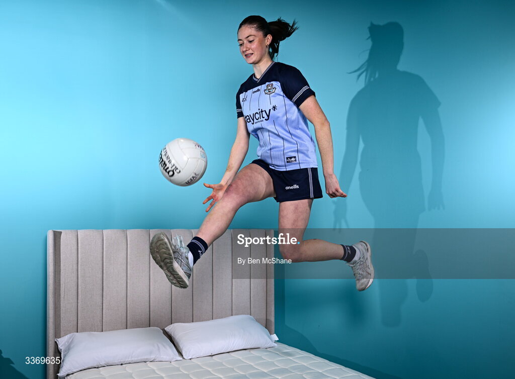 5 March 2026; Dublin ladies footballer Hannah McGinnis poses for a portrait at DFI Beds in Newry as DFI Beds announce the Dublin star as the new LGFA sleep ambassador. Photo by Ben McShane/Sportsfile