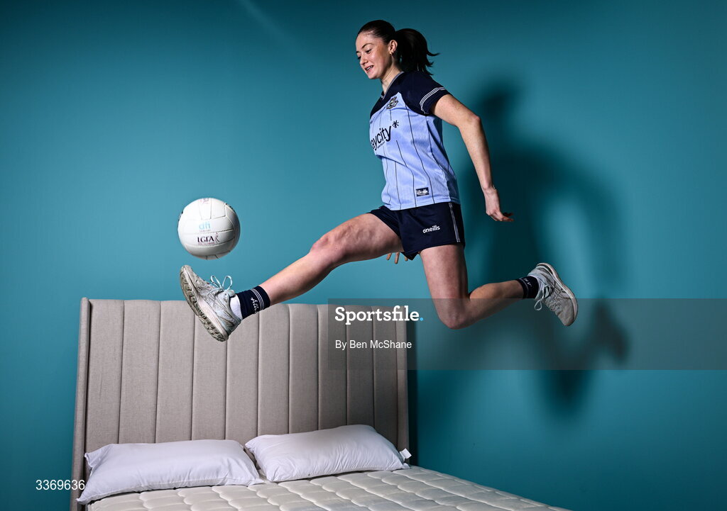 5 March 2026; Dublin ladies footballer Hannah McGinnis poses for a portrait at DFI Beds in Newry as DFI Beds announce the Dublin star as the new LGFA sleep ambassador. Photo by Ben McShane/Sportsfile