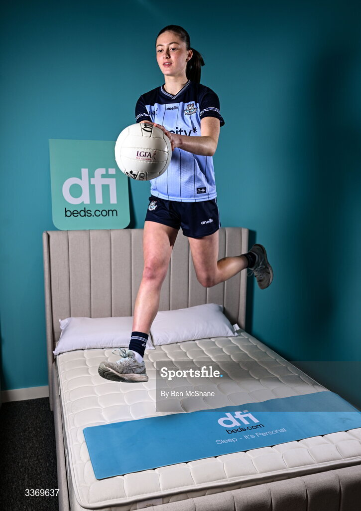 5 March 2026; Dublin ladies footballer Hannah McGinnis poses for a portrait at DFI Beds in Newry as DFI Beds announce the Dublin star as the new LGFA sleep ambassador. Photo by Ben McShane/Sportsfile