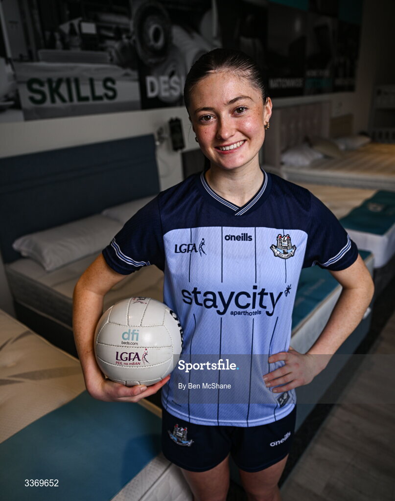 5 March 2026; Dublin ladies footballer Hannah McGinnis poses for a portrait at DFI Beds in Newry as DFI Beds announce the Dublin star as the new LGFA sleep ambassador. Photo by Ben McShane/Sportsfile