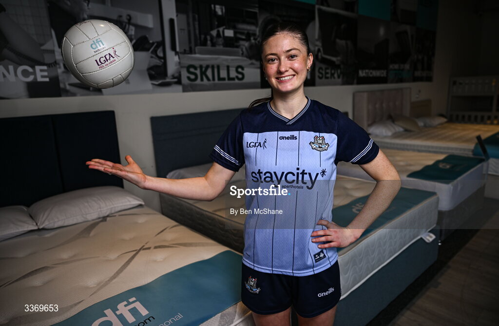 5 March 2026; Dublin ladies footballer Hannah McGinnis poses for a portrait at DFI Beds in Newry as DFI Beds announce the Dublin star as the new LGFA sleep ambassador. Photo by Ben McShane/Sportsfile