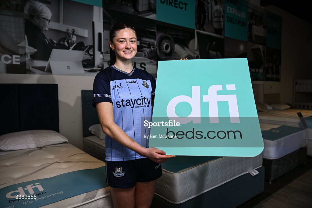 5 March 2026; Dublin ladies footballer Hannah McGinnis poses for a portrait at DFI Beds in Newry as DFI Beds announce the Dublin star as the new LGFA sleep ambassador. Photo by Ben McShane/Sportsfile
