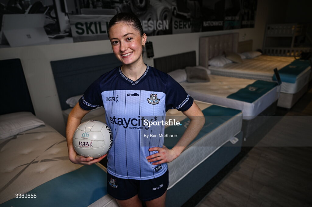 5 March 2026; Dublin ladies footballer Hannah McGinnis poses for a portrait at DFI Beds in Newry as DFI Beds announce the Dublin star as the new LGFA sleep ambassador. Photo by Ben McShane/Sportsfile