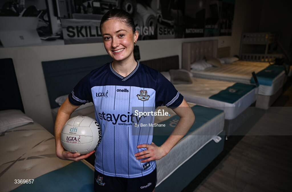 5 March 2026; Dublin ladies footballer Hannah McGinnis poses for a portrait at DFI Beds in Newry as DFI Beds announce the Dublin star as the new LGFA sleep ambassador. Photo by Ben McShane/Sportsfile
