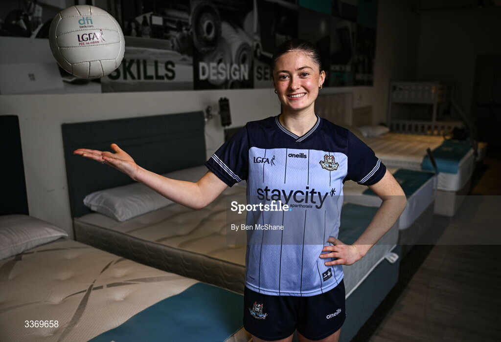 5 March 2026; Dublin ladies footballer Hannah McGinnis poses for a portrait at DFI Beds in Newry as DFI Beds announce the Dublin star as the new LGFA sleep ambassador. Photo by Ben McShane/Sportsfile