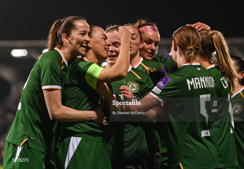3 March 2026; Republic of Ireland's Katie McCabe celebrates with team-mates, including Anna Patten, left, after scoring her side's goal during the 2027 FIFA Women’s World Cup Qualifier match between Republic of Ireland and France at Tallaght Stadium in Dublin. Photo by Stephen McCarthy/Sportsfile